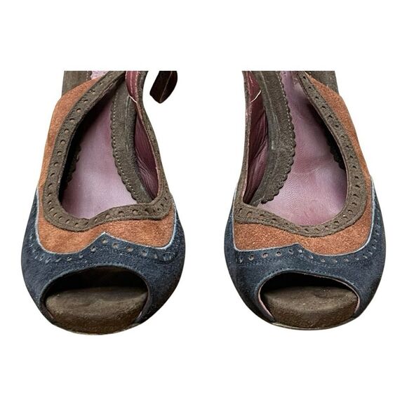 Sportmax Suede Wingtip Brown Blue Open Toe Heel Size 7 Made in Italy - Picture 6 of 10